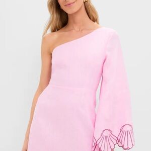 One-Shoulder Pink Dress with Embroidered Bell Sleeve